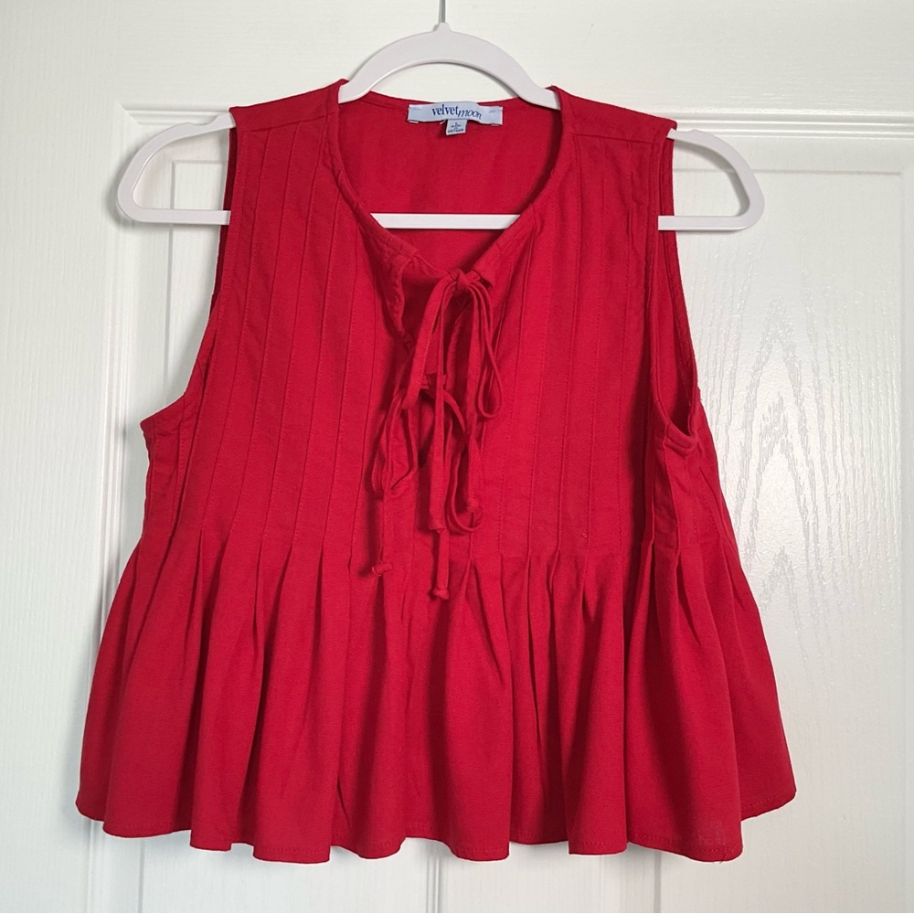 Velvet Red Sleeveless Tie-Front Peplum Top